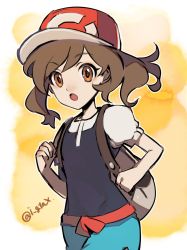 Rule 34 | 1girl, :o, backpack, bag, baseball cap, brown bag, brown eyes, brown hair, commentary request, creatures (company), elaine (pokemon), eyelashes, floating hair, game freak, green shorts, hat, highres, i g1ax, long hair, nintendo, open mouth, pokemon, pokemon lgpe, red hat, shirt, short sleeves, shorts, solo, tongue, twitter username