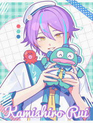 Rule 34 | 1boy, animal, animal on shoulder, blue hair, blue sailor collar, blush, character name, closed eyes, color guide, commentary, drop shadow, green background, grid background, hangyodon, hat, highres, holding, holding animal, kamishiro rui, kappa, letterboxed, looking at viewer, male focus, multicolored hair, necktie, octopus, plaid, plaid background, project sekai, purple hair, sailor collar, sailor hat, sanrio, shirt, streaked hair, waka (wk4444), white headwear, white shirt, yellow eyes, yellow necktie