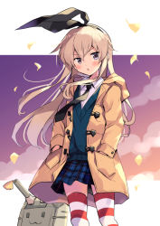 Rule 34 | 1girl, alternate costume, aqua vest, black necktie, blonde hair, blue skirt, blush, coat, collared shirt, duffel coat, feet out of frame, grey eyes, hair between eyes, hands in pockets, kantai collection, long hair, long sleeves, necktie, odawara hakone, parted lips, plaid, plaid skirt, pleated skirt, rensouhou-chan, shimakaze (kancolle), shirt, skirt, solo, striped clothes, striped thighhighs, thighhighs, vest, white shirt, yellow coat