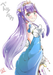 Rule 34 | 10s, 1girl, argyle, argyle clothes, argyle legwear, ass, back, backless outfit, blue dress, blush, clenched teeth, dress, elbow gloves, from behind, gloves, green eyes, horns, jewelry, necklace, outbreak company, patterned legwear, pearl necklace, petralka anne eldant iii, pointing, pointing at viewer, purple hair, sakayama shinta, side slit, signature, solo, strapless, strapless dress, teeth, thighhighs, tiara, white gloves