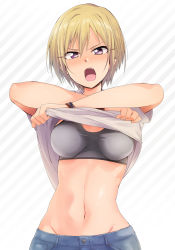 Rule 34 | 1girl, blonde hair, blue pants, bra, breasts, commentary request, denim, diagonal stripes, fang, grey background, grey bra, grey shirt, groin, hair between eyes, hands up, highres, idolmaster, idolmaster shiny colors, jeans, kaiga, looking at viewer, medium breasts, midriff, navel, open mouth, pants, pocket, purple eyes, saijo juri, shiny skin, shirt, short hair, short sleeves, sidelocks, solo, sports bra, stomach, striped, striped background, swept bangs, underwear, undressing, v-shaped eyebrows, white background, wristband