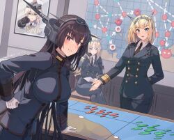 Rule 34 | 3girls, alternate costume, black hair, black necktie, blonde hair, blue eyes, blue jacket, blue pants, breasts, buttons, collared shirt, double-breasted, gloves, headgear, himeyamato, i want you, jacket, kantai collection, large breasts, long hair, long sleeves, map, medium breasts, military uniform, multiple girls, nagato (kancolle), naval uniform, necktie, nelson (kancolle), pants, red eyes, rodney (kancolle), shirt, short hair, sitting, standing, uniform, very long hair, white gloves, white shirt