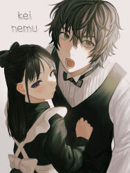 Rule 34 | 1boy, 1girl, :o, apron, black bow, black bowtie, black hair, black vest, bow, bowtie, character name, formal, hair between eyes, hetero, highres, long hair, magami keigo, messy hair, miyao nemu, nennen (pixiv14003276), shirt, simple background, vest, white background, white shirt, witch watch