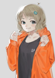 Rule 34 | 1girl, ahoge, blue eyes, blue flower, blush, bukimi isan, collarbone, commentary request, copyright request, flower, gloves, green eyes, grey background, hair flower, hair ornament, highres, jacket, long sleeves, looking at viewer, open clothes, orange jacket, shirt, short hair, simple background, smile, solo, teeth, upper body