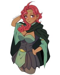 Rule 34 | 1girl, ahoge, artist name, breasts, cape, circlet, cleavage, closed mouth, commentary, dark-skinned female, dark skin, earrings, eyelashes, fire emblem, fire emblem: three houses, green cape, hand on own hip, hapi (fire emblem), highres, jewelry, large breasts, long hair, nintendo, red eyes, red hair, simple background, smile, smkittykat, solo, twitter username, white background