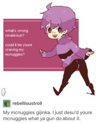 Rule 34 | 1boy, ass, bad id, bad twitter id, brown eyes, commentary request, english text, grimace (mcdonald&#039;s), humanization, kendy (revolocities), looking back, male focus, mcdonald&#039;s, meme, open mouth, pixel art, purple hair, screencap, sleeves past wrists, smile, solo