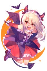 Rule 34 | 1girl, bare shoulders, bat (animal), blush, breasts, echo (circa), fate/grand order, fate/kaleid liner prisma illya, fate (series), illyasviel von einzbern, illyasviel von einzbern (halloween petite devil), long hair, open mouth, red eyes, simple background, small breasts, smile, solo, white background, white hair