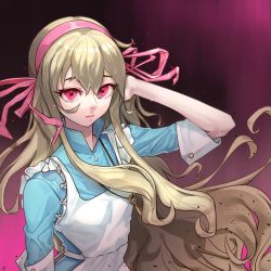 Rule 34 | 1girl, apron, blonde hair, blue dress, curly hair, dress, frilled apron, frills, hair between eyes, hairband, hand on own head, jewelry, kagerou project, key, key necklace, kozakura marry, long hair, necklace, pengpeng dohyung, pink eyes, pink hairband, pink ribbon, red eyes, ribbon, solo, upper body, very long hair, white apron