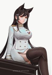 Rule 34 | 1girl, animal ears, atago (azur lane), azur lane, black garter straps, black hair, breasts, brown thighhighs, buttons, crossed legs, double-breasted, feet out of frame, from below, garter straps, jacket, large breasts, long hair, looking at viewer, looking down, medal, military, military uniform, miniskirt, mole, mole under eye, naval uniform, notgustiarp, pencil skirt, simple background, sitting, skirt, solo, thighhighs, uniform, very long hair, white background, white jacket, white skirt