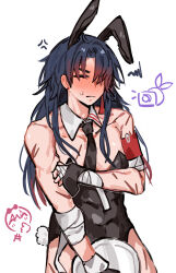 Rule 34 | 1boy, anger vein, animal ears, armband, bandaged arm, bandages, bare shoulders, black leotard, black necktie, blade (honkai: star rail), blue hair, blush, closed eyes, commentary, covering privates, covering chest, covering crotch, crossdressing, detached collar, ear blush, earrings, embarrassed, emne, english commentary, fake animal ears, fake tail, full-face blush, highres, holding, holding tray, honkai: star rail, honkai (series), jewelry, leotard, long hair, male playboy bunny, muscular, muscular male, necktie, parted bangs, playboy bunny, rabbit ears, rabbit tail, red armband, scar, scar on arm, simple background, sweat, tail, trap, tray, white background