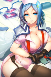Rule 34 | 1girl, black gloves, black thighhighs, blood, blood bag, blue eyes, blue hair, breasts, cape, character request, cleavage, garter belt, garter straps, gloves, hair ornament, hairclip, hat, highres, large breasts, lips, looking at viewer, matching hair/eyes, nurse, nurse cap, parted lips, pen, shiny skin, short hair, smile, snowball22, solo, stethoscope, sword girls, thighhighs