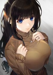 Rule 34 | 1girl, absurdres, black hair, blue eyes, blunt bangs, breasts, brown skirt, brown sweater, closed mouth, grey background, hands on own chest, highres, jewelry, large breasts, long hair, long sleeves, looking at viewer, necklace, original, ponytail, ring, scrunchie, skirt, smile, solo, sweater, turtleneck, turtleneck sweater, upper body, zetto (zet)