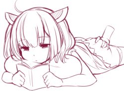 Rule 34 | 1girl, ahoge, ass, ass grab, closed mouth, disembodied limb, expressionless, groping, lineart, lying, on stomach, pillow, reading, ryuusei (ryuuseiseikou), short hair, simple background, solo, touhoku kiritan, voiceroid, yagi (ningen)