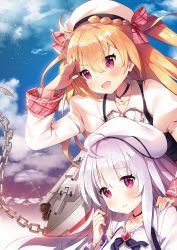 Rule 34 | 2girls, 3:, :d, ahoge, ayamy, azur lane, beret, blonde hair, blush, chain, cloud, commentary request, crescent (azur lane), cygnet (azur lane), cygnet (retrofit) (azur lane), day, hair ribbon, hat, jewelry, long hair, looking afar, multiple girls, necklace, open mouth, plaid, plaid ribbon, purple eyes, red eyes, remodel (azur lane), ribbon, salute, sky, smile, v-shaped eyebrows