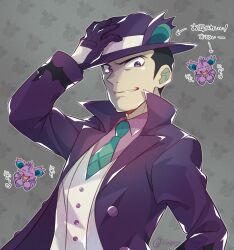 Rule 34 | 1boy, black hair, chibi, chibi inset, commentary request, creatures (company), game freak, gen 1 pokemon, giovanni (pokemon), giovanni (sygna suit) (pokemon), gloves, grey background, hand on headwear, high collar, highres, ivory (25680nico), light smile, looking at viewer, male focus, necktie, nidoking, nintendo, official alternate costume, pokemon, pokemon (creature), pokemon masters ex, purple headwear, upper body