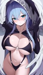 Rule 34 | 1girl, absurdres, bikini, black bikini, black cape, black gloves, blue eyes, blue hair, blush, breasts, cape, chimyo, cleavage, closed mouth, collarbone, commentary request, commission, elbow gloves, expressionless, feathered wings, gloves, hair between eyes, highres, hood, hood up, hooded cape, korean commentary, large breasts, long hair, looking at viewer, maplestory, navel, o-ring, o-ring bikini, reincarnation (maplestory), sidelocks, solo, stomach, swimsuit, underboob, white wings, wings