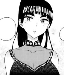 Rule 34 | 1girl, breasts, cleavage, collarbone, dress, ebino mei, hatsukoi zombie, large breasts, long hair, monochrome, official art, ponytail, thick eyebrows
