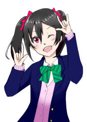 Rule 34 | 1girl, artist name, artist request, black hair, black thighhighs, blazer, blue jacket, blush, bow, bowtie, buttons, cardigan, double v, female focus, hair bow, jacket, long sleeves, looking at viewer, love live!, love live! school idol project, nico nico nii, one eye closed, pleated skirt, red bow, red eyes, school uniform, shirt, short hair, short twintails, skirt, smile, solo, thighhighs, twintails, v, white background, white shirt, yazawa nico, zettai ryouiki
