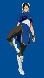 Rule 34 | 1girl, absurdres, blue background, blue dress, blue theme, boots, bracelet, brown eyes, brown hair, brown pantyhose, capcom, chinese clothes, chun-li, cross-laced footwear, double bun, dress, earrings, fighting stance, galeblack, hair bun, highres, jewelry, leg up, pantyhose, puffy short sleeves, puffy sleeves, sash, short sleeves, side slit, solo, spiked bracelet, spikes, street fighter, white footwear