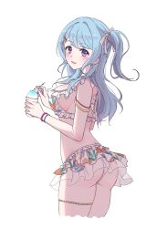 Rule 34 | 1girl, armlet, ass, bang dream!, bikini, bikini skirt, blue hair, blush, bracelet, breasts, cropped legs, drinking straw, earrings, floral print, floral print bikini, flower earrings, food, frilled bikini, frills, from side, gem, hair ornament, hair ribbon, hairclip, heart, highres, holding, holding food, jewelry, large breasts, long hair, looking at viewer, looking to the side, matsubara kanon, one side up, open mouth, pearl (gemstone), ppora, purple eyes, ribbon, shaved ice, sideboob, simple background, smile, solo, star (symbol), swimsuit, thigh strap, white background, white bikini