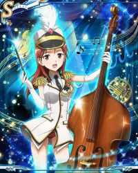 Rule 34 | 1girl, band uniform, bow (music), double bass, elbow gloves, epaulettes, gloves, hat, instrument, long hair, marching band, minna-dietlinde wilcke, musical note, necktie, open mouth, panties, quaver, red eyes, red hair, red panties, shako cap, smile, solo, staff (music), strike witches, third-party source, underwear, uniform, world witches series
