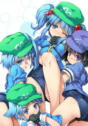 Rule 34 | 4girls, alternate costume, ass, black gloves, black hair, blue eyes, blue hair, blue shirt, breasts, chima q, colored eyelashes, covered erect nipples, covering own mouth, dark haired kappa, glasses kappa, gloves, hair bobbles, hair ornament, hair tie kappa, hat, highres, kappa, kappa mob (touhou), kawashiro nitori, key, looking at viewer, medium breasts, multiple girls, one-piece swimsuit, one eye closed, school swimsuit, shirt, short hair, short twintails, side ponytail, smile, spiky hair kappa, swimsuit, swimsuit under clothes, thighs, touhou, twintails, two side up