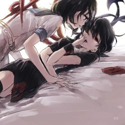 Rule 34 | 2girls, asymmetrical wings, bad id, bad twitter id, black dress, black hair, dated, dress, eye contact, food, hair over one eye, hisona (suaritesumi), houjuu nue, looking at another, lying, multiple girls, murasa minamitsu, on back, on bed, open mouth, pocky, pocky day, pocky kiss, profile, red eyes, saliva, shared food, shirt, short hair, short sleeves, shorts, smile, touhou, wings, wrist cuffs, yuri