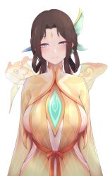 Rule 34 | 1girl, aqua eyes, blush, breasts, brown hair, chinese commentary, closed mouth, commentary request, dated commentary, dress, fish, fujin (genshin impact), genshin impact, hair ornament, highres, large breasts, long hair, mole, mole under eye, nikuku (kazedesune), short hair, sideboob, simple background, smile, solo, white background, yellow dress