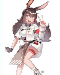 Rule 34 | 1girl, animal ears, april (arknights), arknights, asymmetrical sleeves, bare legs, belt pouch, black gloves, breasts, brown eyes, brown hair, chest strap, coat, commentary request, dated, earrings, gloves, hair between eyes, hand up, headphones, highres, id card, infection monitor (arknights), jewelry, kawaii inu5, large breasts, long hair, looking at viewer, nail polish, open mouth, orange nails, pouch, rabbit ears, simple background, single glove, smile, socks, solo, thigh strap, v, white background, white coat, white footwear, white socks