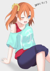 Rule 34 | 1girl, ;), absurdres, aqua shirt, artist name, artist request, bare legs, bare shoulders, blue eyes, blue pants, blush, bow, breasts, collarbone, female focus, floating hair, hair between eyes, highres, kosaka honoka, looking at viewer, love live!, love live! school idol festival, love live! school idol project, medium breasts, one eye closed, orange hair, pants, parted lips, ponytail, red shirt, red wristband, scrunchie, shirt, short hair, short ponytail, side ponytail, sitting, smile, solo, sweatdrop, undershirt, wink, wristband, yellow scrunchie