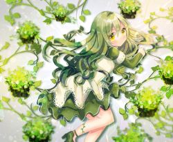 Rule 34 | 1girl, blush, closed mouth, commentary request, dress, from above, green footwear, green hair, hair between eyes, high heels, kohaku muro, long hair, long sleeves, looking at viewer, looking to the side, looking up, lying, on side, original, plant, shoes, solo, very long hair, white dress, yellow eyes