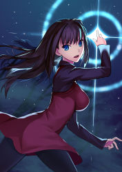 Rule 34 | 1girl, absurdres, aozaki aoko, black pantyhose, black sweater, blue eyes, breasts, brown hair, buttons, commentary, cqqz0707, dress, floating hair, glowing, hair between eyes, hair intakes, highres, large breasts, light particles, long hair, long sleeves, looking at viewer, magic, mahou tsukai no yoru, open mouth, pantyhose, red dress, solo, sweater, teeth, tongue, upper teeth only