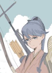 Rule 34 | 1girl, arrow (projectile), black ribbon, blue eyes, blue hair, bow (weapon), closed mouth, cloud, commentary, flight deck, hair between eyes, hair ribbon, highres, houshou (kancolle), isetta, japanese clothes, kantai collection, kimono, long hair, machinery, mast, outdoors, pink kimono, ponytail, quiver, ribbon, rigging, sky, solo, swept bangs, tasuki, upper body, weapon