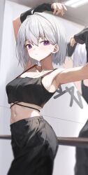 Rule 34 | 1girl, absurdres, ahoge, alternate hair length, alternate hairstyle, arm up, arm warmers, armpits, bare shoulders, black pants, black shirt, blurry, breasts, camisole, crop top, depth of field, hand up, highres, huhi (huhi 1211), ine (vtuber), looking at viewer, midriff, navel, pants, parted lips, purple eyes, reflection, shirt, short hair, sleeveless, sleeveless shirt, small breasts, solo, stomach, sweat, virtual youtuber, waktaverse, white hair