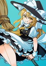Rule 34 | 1girl, absurdres, black hat, black skirt, black vest, blonde hair, blue background, bow, braid, broom, broom riding, buttons, commentary request, feet out of frame, frilled hat, frilled skirt, frills, grin, hair bow, hat, hat bow, highres, kirisame marisa, long hair, looking at viewer, myuga66666, one-hour drawing challenge, puffy short sleeves, puffy sleeves, shirt, short sleeves, side braid, signature, simple background, single braid, skirt, smile, solo, touhou, turtleneck, vest, white bow, white shirt, witch hat, yellow eyes