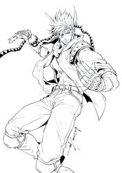 Rule 34 | 1boy, battle tendency, belt, caesar anthonio zeppeli, closed mouth, commentary, facial mark, feather hair ornament, fingerless gloves, gloves, greyscale, hair ornament, hair over one eye, headband, high contrast, highres, jacket, jojo no kimyou na bouken, jojo pose, knee pads, lineart, looking at viewer, male focus, monochrome, one eye covered, pants, sashiyu, scarf, short hair, short sleeves, signature, simple background, solo, symbol-only commentary, triangle print, white background