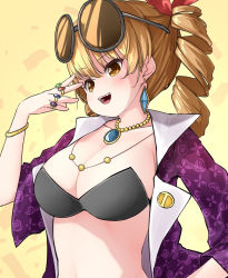 Rule 34 | 1girl, amazaki ria, bad id, bad pixiv id, bangle, black bra, blonde hair, blush, bra, bracelet, breasts, brown eyes, cleavage, drill hair, earrings, eyewear on head, hand on own hip, hand up, hat, jewelry, large breasts, looking ahead, nail polish, necklace, open clothes, open mouth, ring, simple background, smile, solo, sunglasses, touhou, twin drills, underwear, upper body, yorigami jo&#039;on