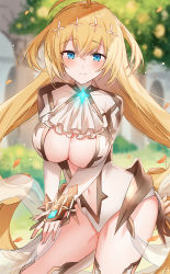 Rule 34 | 1girl, ahoge, ascot, blonde hair, blue eyes, blush, breasts, cleavage, clothing cutout, commission, highleg, highleg leotard, highres, kinona, large breasts, leotard, long hair, long sleeves, looking at viewer, navel, navel cutout, phantom of the kill, skeb commission, smile, solo, thighs, tiphereth (phantom of the kill), white leotard