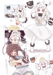 Rule 34 | &gt;:o, 10s, 2girls, :o, ahoge, blush stickers, bowl, brown eyes, brown hair, butter knife, commentary request, cooking, enemy aircraft (kancolle), fang, food, fork, frying pan, fujisaki yuu, full body, honeypot, horns, kantai collection, kuma (kancolle), long hair, mittens, multiple girls, musical note, northern ocean princess, pancake, plate, red eyes, school uniform, serafuku, shaded face, shorts, skirt, spatula, spoken musical note, standing, surprised, teeth, translation request, triangle mouth, v-shaped eyebrows, whisk, white hair, white skirt