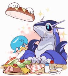 Rule 34 | 1boshi, animated, black sclera, blush, bread, closed mouth, colored sclera, commentary request, creatures (company), disembodied hand, drooling, food, game freak, green eyes, holding, holding food, lettuce, looking up, miraidon, nintendo, pepper shaker, pokemon, pokemon (creature), quaxly, saliva, salt shaker, sliced cheese, sparkle, table, tagme, tomato, tomato slice, ugoira, video