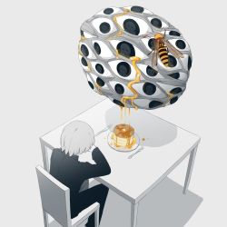 Rule 34 | 1boy, avogado6, bee, bug, chair, commentary, eye focus, food, fork, honey, bug, knife, muted color, original, pancake, reflection, sitting, spot color, surreal, table, trypophobia