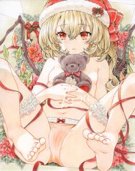 Rule 34 | 1girl, absurdres, barefoot, blonde hair, breasts, cameltoe, crystal, flandre scarlet, hat, highres, kisarush, lying, marker (medium), navel, on back, one side up, parted lips, red eyes, santa hat, small breasts, solo, spread legs, stuffed animal, stuffed toy, teddy bear, toes, touhou, traditional media, wings