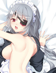 Rule 34 | 10s, 1girl, alternate breast size, apron, bad id, bad pixiv id, breasts, dakimakura (medium), detached collar, eyepatch, infinite stratos, large breasts, laura bodewig, long hair, lying, maid, maid apron, nude, on stomach, open mouth, philomelalilium, red eyes, sideboob, silver hair, solo