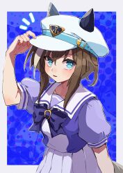 Rule 34 | 1girl, animal ears, aqua eyes, arm up, bow, bowtie, breasts, brown hair, cheval grand (umamusume), hand on headwear, hat, hat belt, highres, horse ears, horse girl, horse tail, light blush, long hair, looking at viewer, multicolored hair, notice lines, oage (su4i7ri u), parted lips, school uniform, short sleeves, skirt, small breasts, solo, streaked hair, tail, tracen school uniform, umamusume, upper body, white hat, white skirt
