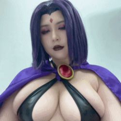 Rule 34 | 1girl, animated, animated gif, asian, blinking, breasts, cape, cleavage, grabbing, grabbing another&#039;s breast, japanese (nationality), large breasts, looking at viewer, lowres, photo (medium), plump, raven (dc), real life, tagme, uyuy2907