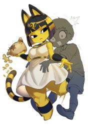 Rule 34 | 1boy, 1girl, absurdres, animal crossing, animal ears, ankha (animal crossing), ball busting, barefoot, bdsm, black hair, blunt bangs, bob cut, bracer, breasts, cat ears, cat tail, cbt, coin, coin purse, colored skin, crotch kick, curvy, dress, egyptian, egyptian clothes, femdom, furry, furry female, furry with non-furry, groping, half-closed eyes, highres, hime cut, holding, interspecies, medium breasts, nintendo, rectangular mouth, saliva, sanpaku, shirt, shoes, short sleeves, sleeveless, sleeveless dress, sneakers, spacezin, sweat, t-shirt, tail, villager (animal crossing), white dress, yellow skin