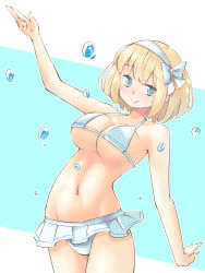 Rule 34 | 1girl, alice margatroid, arnest, bikini, bikini skirt, blonde hair, blue background, blue eyes, blush, bow, breasts, collarbone, groin, hair bow, hairband, large breasts, looking at viewer, navel, short hair, smile, solo, swimsuit, swimsuit skirt, thighs, touhou, water drop, white background, white bikini, white bow
