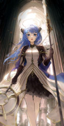 Rule 34 | 1girl, absurdres, arknights, backlighting, bare legs, black dress, black gloves, blue eyes, blue hair, breasts, church, detached wings, dress, elbow gloves, energy wings, feet out of frame, firehippo, gloves, halo, highres, holding, holding staff, horns, indoors, layered dress, long hair, medium breasts, mostima (arknights), mostima (spellbreaker) (arknights), official alternate costume, open mouth, short sleeves, solo, staff, standing, white dress, wings