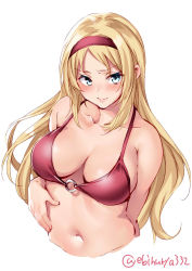Rule 34 | 1girl, alternate costume, bikini, blonde hair, blue eyes, blush, breasts, closed mouth, collarbone, colored eyelashes, cropped arms, cropped torso, ebifurya, hair between eyes, hand on own stomach, headband, highres, kantai collection, large breasts, lips, long hair, looking at viewer, navel, nelson (kancolle), o-ring, o-ring bikini, red bikini, red headband, simple background, solo, stomach, swimsuit, twitter username, white background