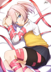 Rule 34 | 1girl, ayuman, bike shorts, black shorts, black skirt, blue eyes, bound, commentary request, feet out of frame, fetal position, kantai collection, looking at viewer, pink hair, pink ribbon, pleated skirt, ponytail, ribbon, school uniform, shiranui (kancolle), shirt, short hair, shorts, shorts under skirt, skirt, solo, sweater vest, white shirt